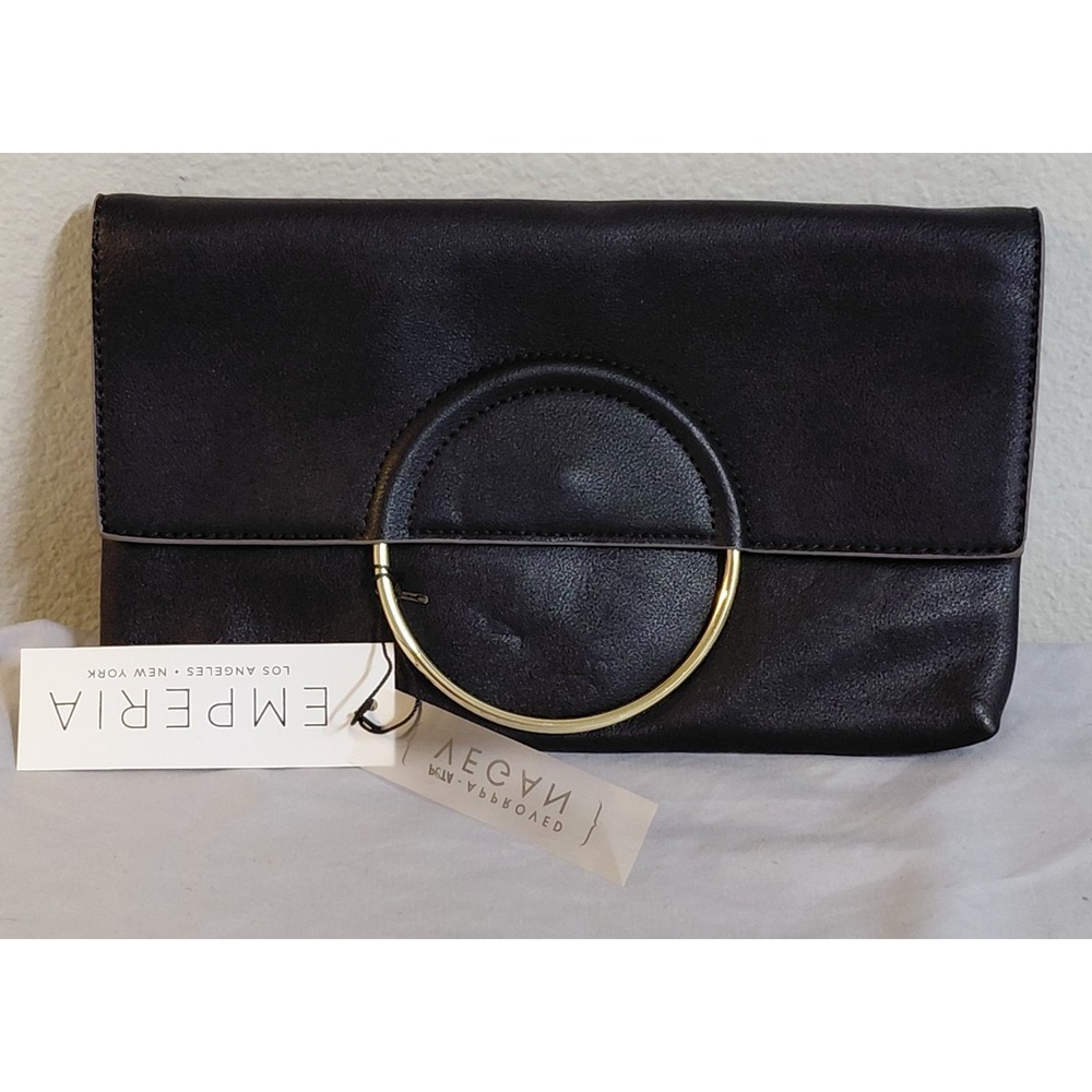 Emperia Black Vegan Leather Clutch Handbag Gold Ring Hardware NWT